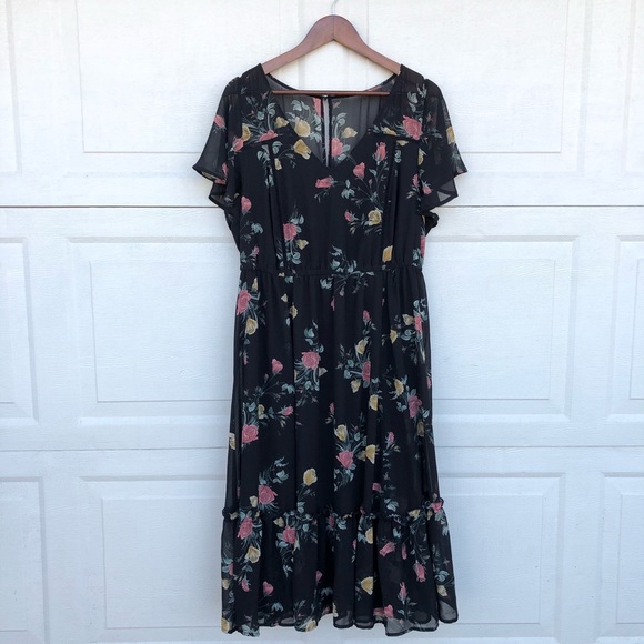 torrid Dresses & Skirts - Torrid Dress Black Floral Midi Flutter Sleeve 2X